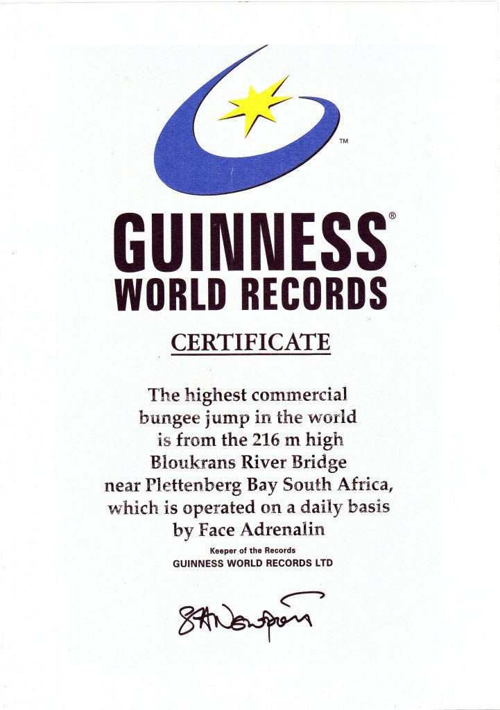Guinness World Record certificate for the world's highest commercial bridge bungy at Bloukrans