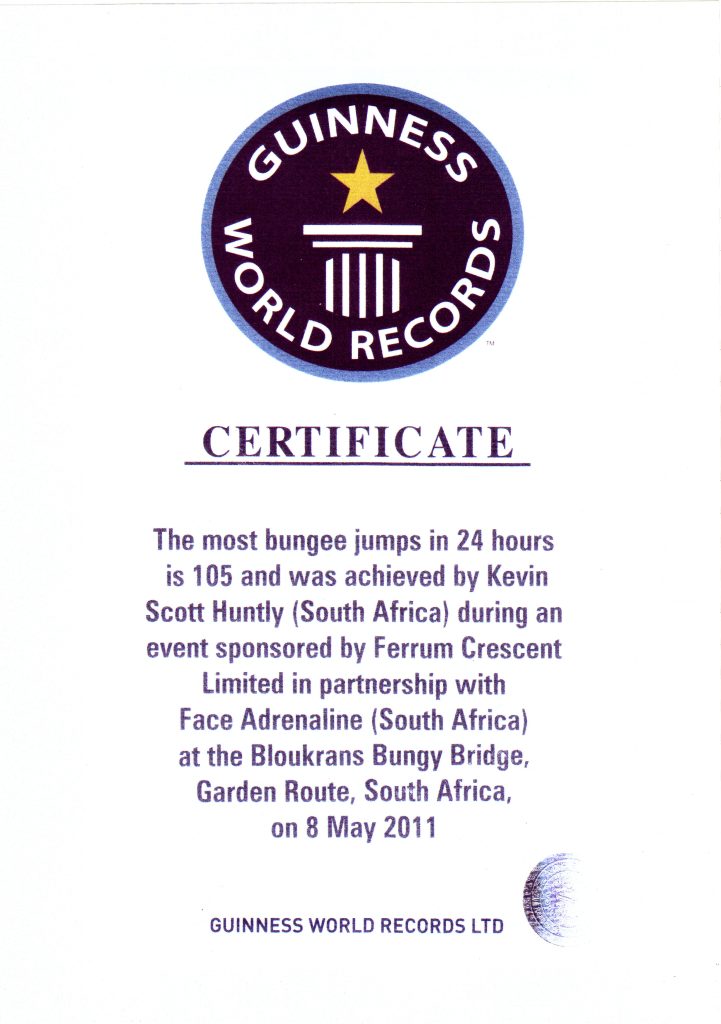 Kevin Scott Huntly, 105 bungy jumps in 24 hours at Bloukrans Bridge
