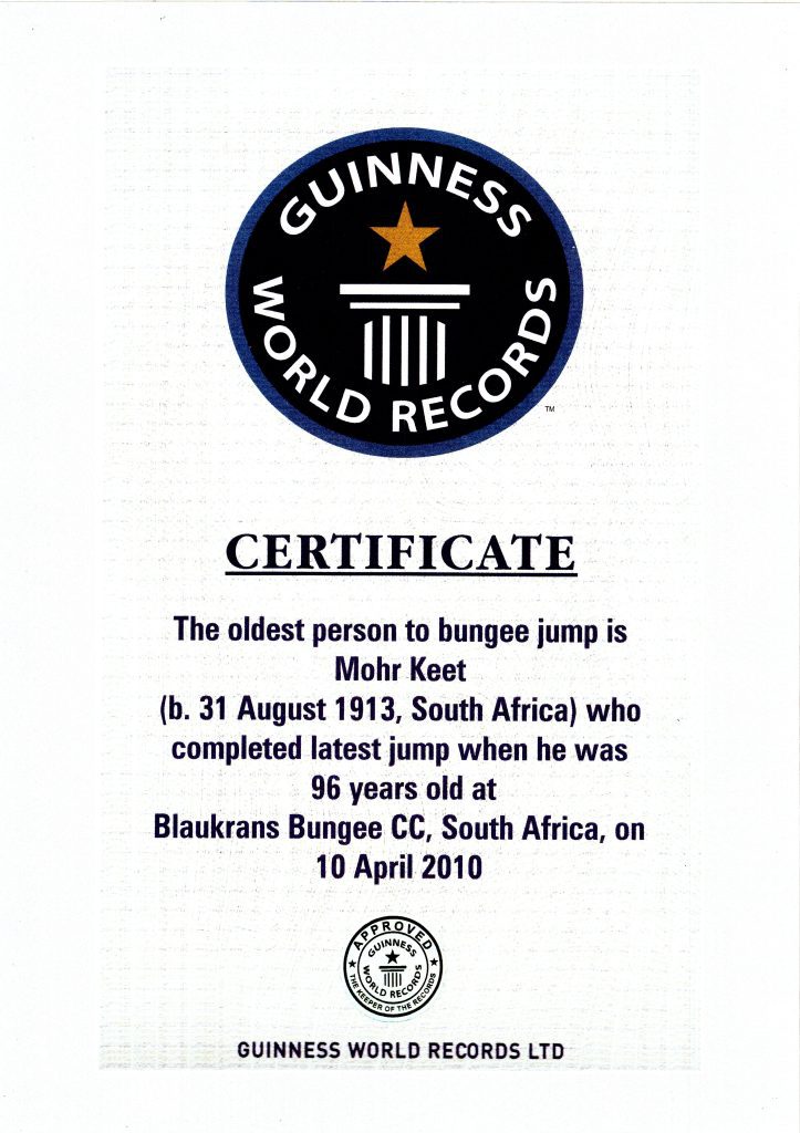 Mohr Keet, oldest person to bungy jump, aged 96 at Bloukrans Bridge