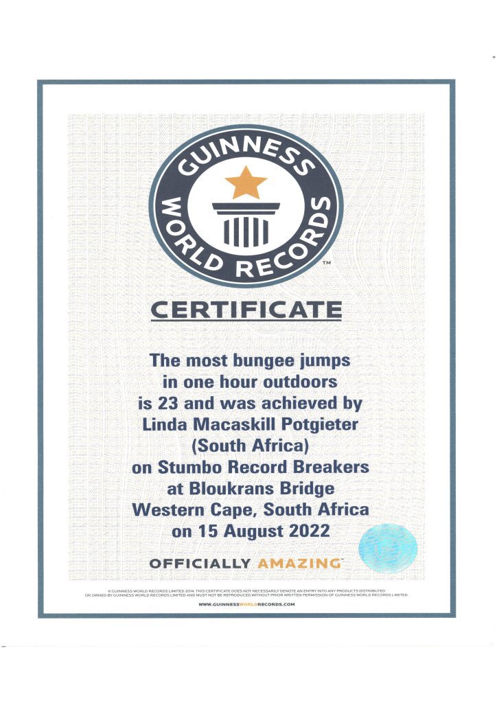 Linda Macaskill Potgieter, 23 bungy jumps in one hour at Bloukrans Bridge